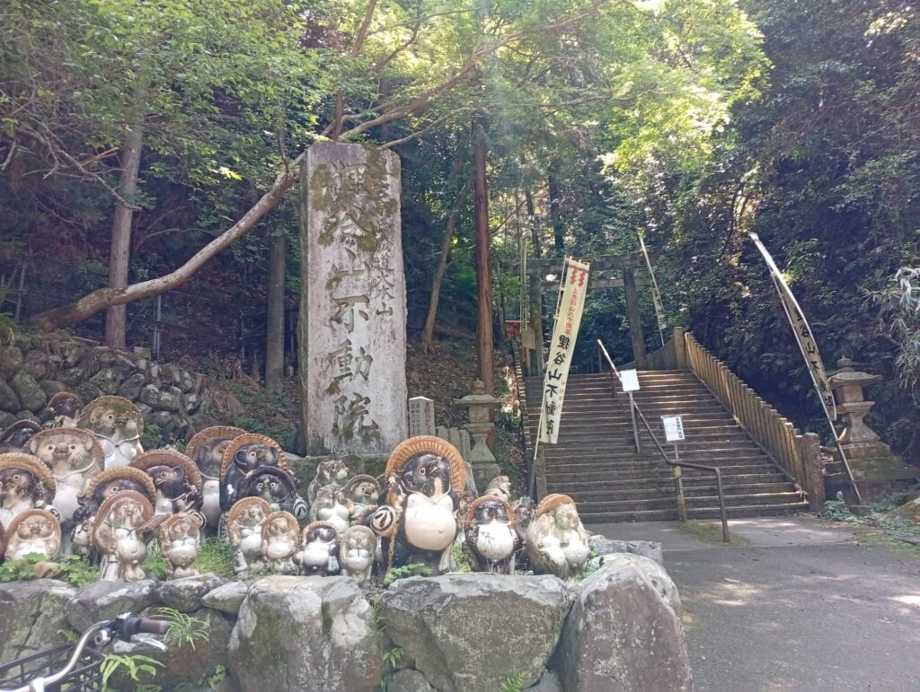 狸谷山不動院の本殿へ続く階段
信楽焼の狸たち